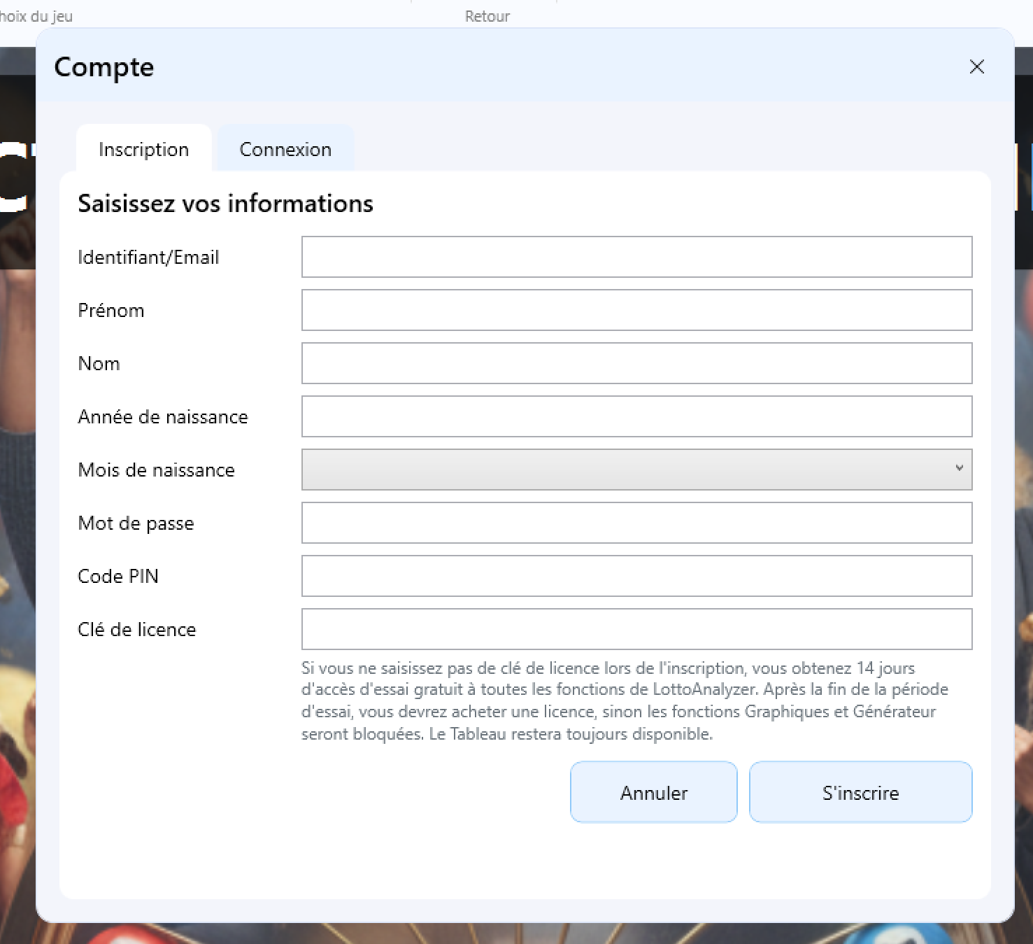 fenêtre inscription utilisateurs